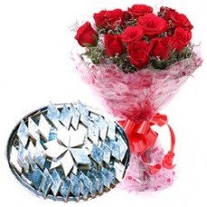 Lovely charming Red Roses combined with mouthwatering Kaju Katli